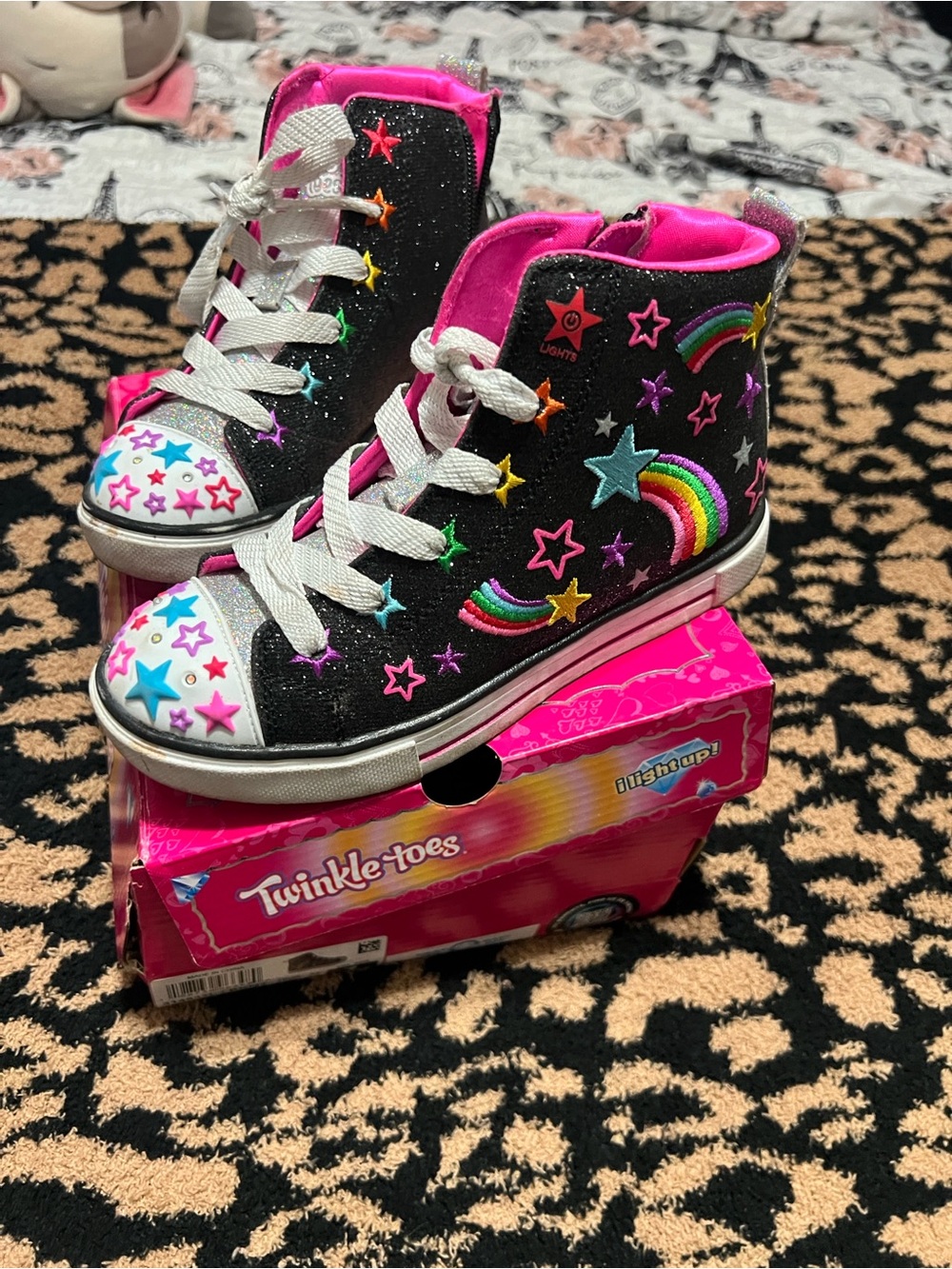 Skechers Black Glitter High-Top Sneakers with Rainbow Stars and Pink Lining